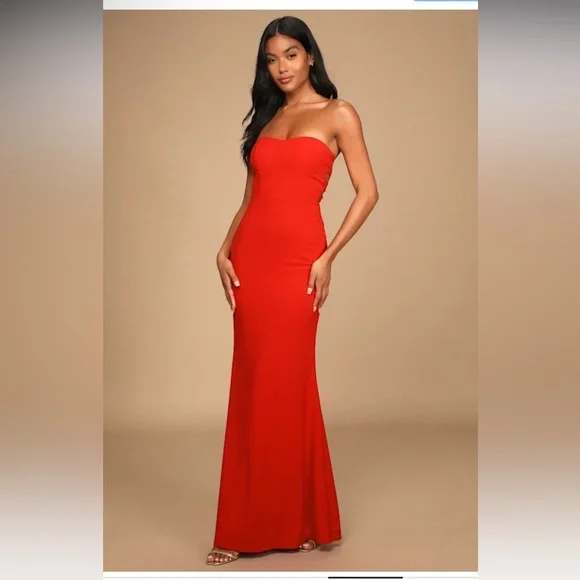 Lulus Red Strapless Gown Dress S NWT Side Cutout Formal Maxi Evening Prom - Picture 1 of 7
